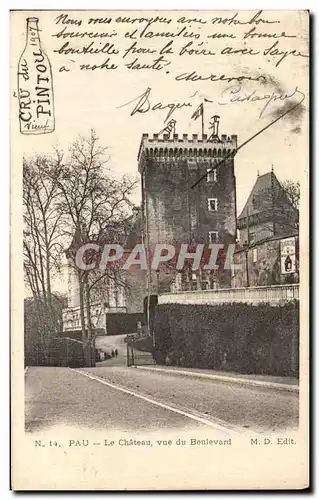 Cartes postales Pau La Chateau vue du Boulevard Dessin bouteille Cru du Pintou 1907