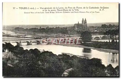 Cartes postales Tours Vue Generale de La Loire du pont de Pierre de la Cathedrale St Gatien et de la partie Nord