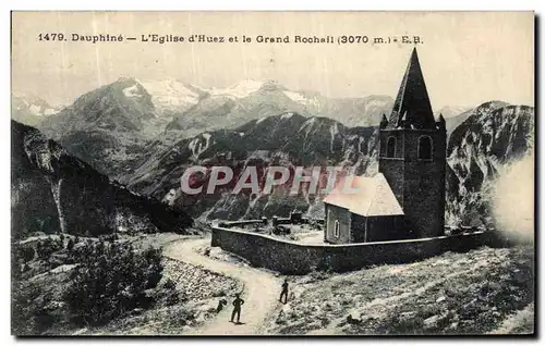 Cartes postales Dauphine L Eglise d Huez et le Grand Rochail