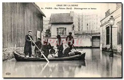 Cartes postales Crue De La Seine Paris Rue Felicien David Demenagement en bateau