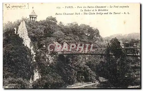 Cartes postales Paris Parc des Buttes Chaumont Le Pont suspendu Le Rocher et le Belevedere