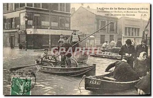 Cartes postales La Crue de la Seine Pontonniers sur Bachots et mariosn sur Youyous vont au secours des sinistres