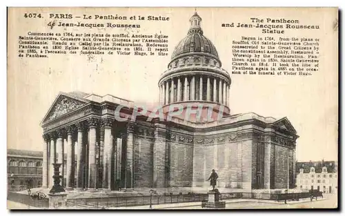 Cartes postales Paris Le Pantheon et La Statue de Jean Jacques Rousseau