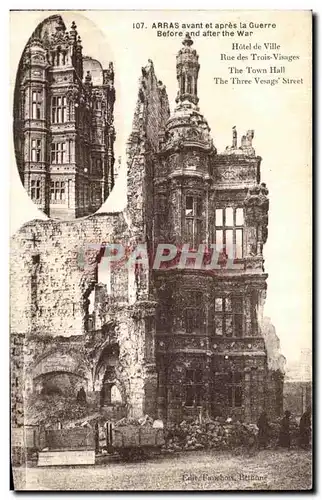 Cartes postales Arras Avant et apres la Guerre Hotel de ville Rue des Trois visages Militaria