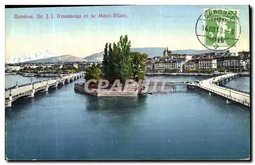 Cartes postales Geneve Ile JJ Rousseau et le Mont Blanc