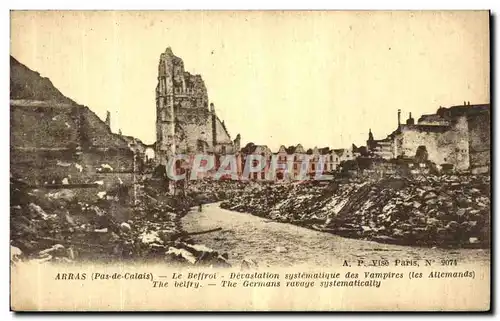 Cartes postales Arras Le Beffroi Devastation Systematique des Vampires Militaria