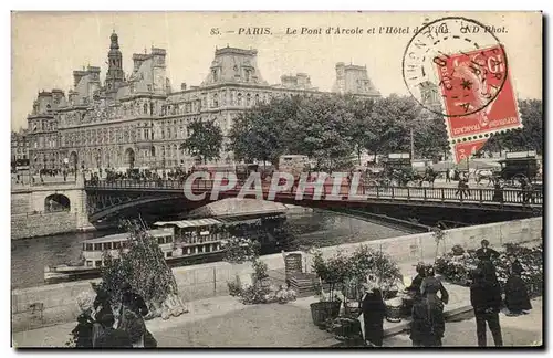 Cartes postales Paris Le Pont d Arcole et l Hotel de Ville Marche aux fleurs