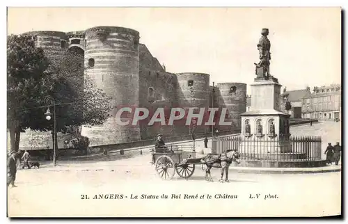 Cartes postales Angers La Statue du Roi Rene et Le Chateau Attelage Cheval