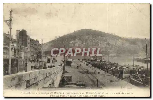 Cartes postales Rouen Tramways De Rouen a bon Secours Et Mesnil Esnard Au pont de pierre Vue du port et de la co