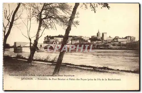 Cartes postales Avignon Ensemble du Pont Benezet et Palais des Papes prise de l ile de la Barthelasse