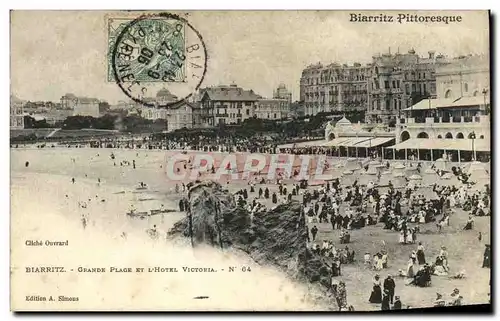 Cartes postales Biarritz Pittoresque Grande plage et l hotel Victoria