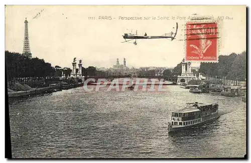 Cartes postales Paris Perspective Sur La Seine Le Pont Alexandre III Avion Peniche Tour Eiffel