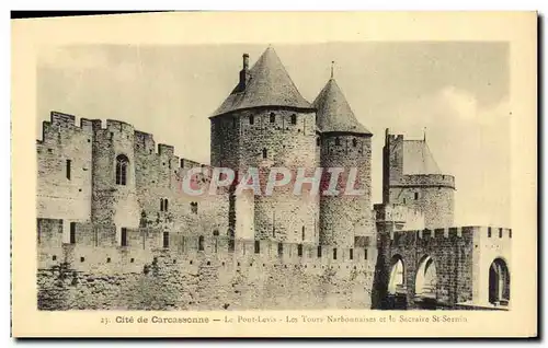 Ansichtskarte AK Cite de Carcassonne Le Pont Levis Les Tours narbonnaises et le sacraire St Sernin