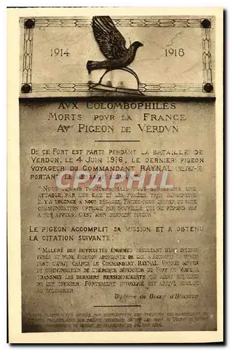 Cartes postales Fort De Vaux Plaque du Pigeon du Fort Militaria Pigeon