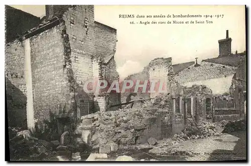 Ansichtskarte AK Reims Dans ses annees de Bombardement Angle des Rues de Macon et de Saint Yon Militaria