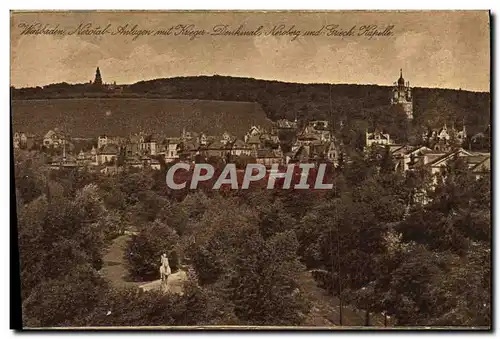 Cartes postales Wiesbaden Jardin de la Vallee de Neron Avec Monument des guerriers montagne de Neron et chapelle