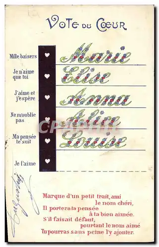 Cartes postales Fantaisie Vote du coeur Marie Elise Anna Alice Louise