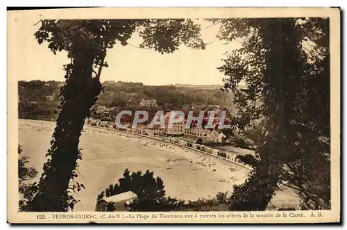 Cartes postales Perros Guirec La Plage de Trestraou vue a travers les arbres de la Montee de la Clarte