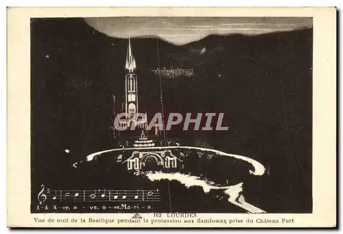 Cartes postales Lourdes Vue de nuit la Basilique pendant la Procession aux flambeaux prise du Chateau Fort