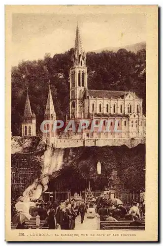 Cartes postales Lourdes La Basilique vue de cote et les Piscines