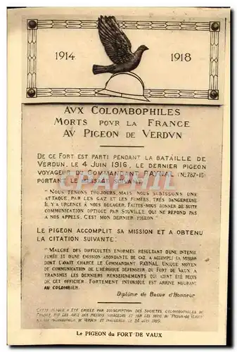 Cartes postales Aux Colombophiles Morts Pour La France VErdun