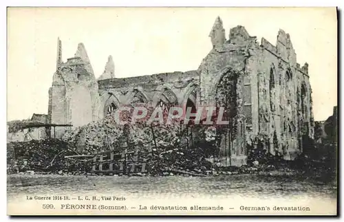 Cartes postales Peronne La devastation Allemande Militaria