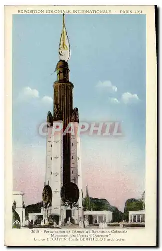 Cartes postales Paris Exposition Coloniale Internationale 1931 Monument des Forces d Outremer Militaria