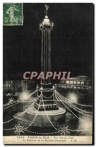 Cartes postales Paris la Nuit Une fete de Nuit La Colonne de la Bastille illuminee