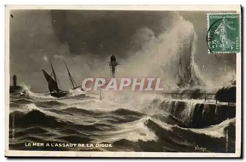 Cartes postales La mer a l assaut de la digue Bateau Voilier