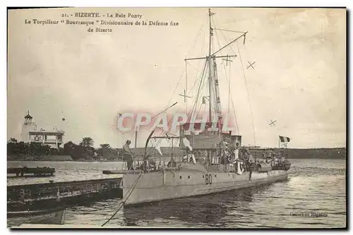 Cartes postales Bateau Guerre Bizerte la Baie Ponty Le torpilleur Bourrasque divisionnaire de la defense fixe de