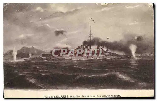 Cartes postales Bateau Guerre Cuirasse Courbet en action devant vue Base Novale