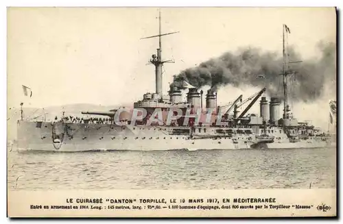 Ansichtskarte AK Bateau Guerre Le Cuirasse Danton Torpille Le 19 maris 1917 en Mediterranee