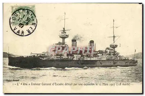 Ansichtskarte AK Bateau Guerre Croiseur cuirasse d escadre detruit par une explosion le 12 mars 1907