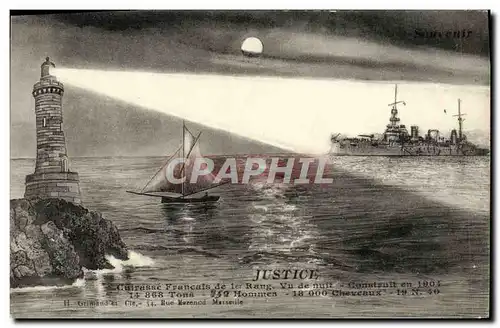 Cartes postales La Justice cuirasse d escadre de 15000 tonnes Vu de nuit Phare