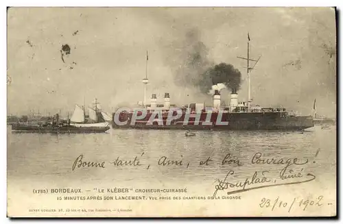 Cartes postales Bateau Bordeaux le Kleber Croiseur Cuirasse 15 minutes apres le lancement