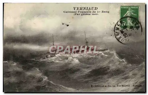 Cartes postales Bateau Guerre Verniaud Cuiraasse francais de 1er rang par grosse mer