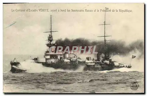 Ansichtskarte AK Bateau Guerre Cuirasse d escadre Verite ayant a bord les souverains russes et le President de la