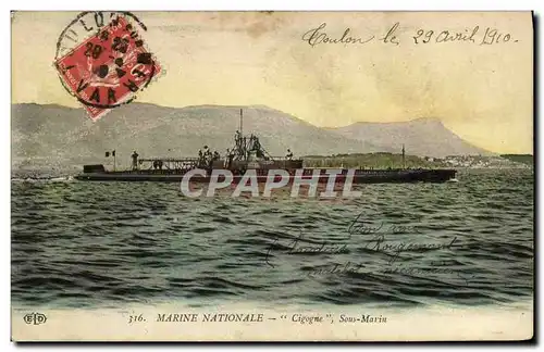 Cartes postales Bateau Guerre Sous marin Cigogne Toulon 1910