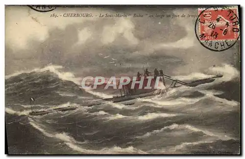 Cartes postales Bateau Guerre Cherbourg Sous marin Rubis au large un jour de tempete