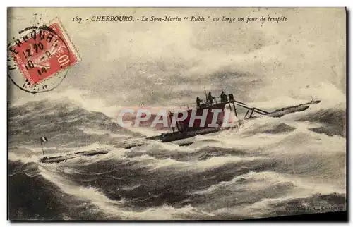 Cartes postales Bateau Guerre Cherbourg Sous marin Rubis au large un jour de tempete