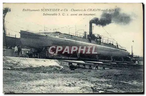 Cartes postales Bateau Guerre Chalon sur Saone Chantiers Schneider Cie Submersible avant son lancement Sous mari