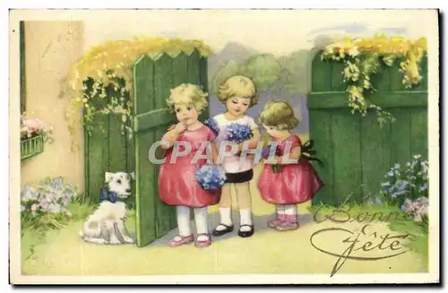 Ansichtskarte AK Fantaisie Fleurs Enfants Chien