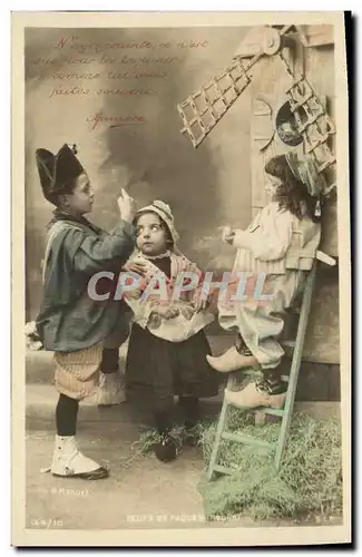 Cartes postales Fantaisie Enfants Oeufs de Paques Moulin