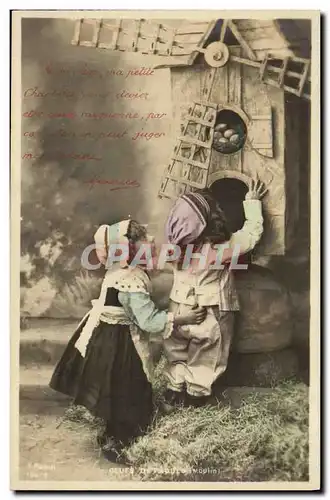 Cartes postales Fantaisie Enfants Oeufs de Paques Moulin