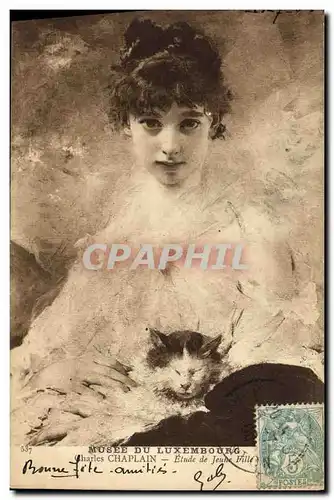 Ansichtskarte AK Fantaisie Femme Musee du Luxembourg Charles chaplain Etude de jeune fille Chat