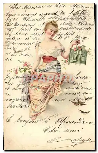 Cartes postales Fantaisie Femme Printemps oiseaux