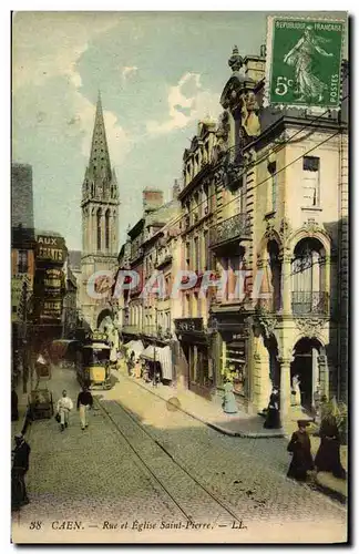 Cartes postales Caen Rue et Eglise Saint Pierre Tramway