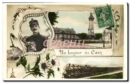 Cartes postales Un Bonjour de Caen Train Soldat Militaria