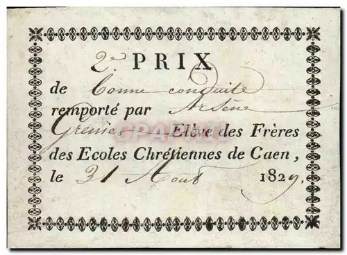 Carte 2eme Prix de bonne conduite Caen 1829 superbe document
