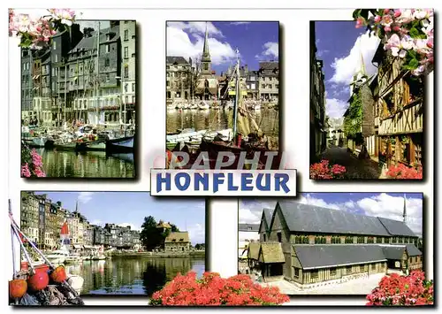 Cartes postales moderne Honfleur Le vieux bassin et les facades typiques du quai Sainte Catherine La plage et l eglise S